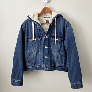 GAP Denim Hooded Jacket With Sherpa Fleece Lining, Size Medium